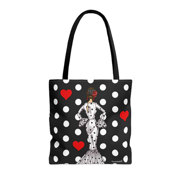 Flamenco Tote Bag schwarz "Maria Blanco" mit Punkten - Shopper Tasche beidseitig bedruckt 43x43 cm mit 60 cm Henkel
