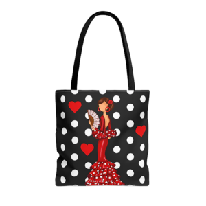 Flamenco Tote Bag "Pepa" mit Punkten - Shopper Tasche beidseitig bedruckt 43x43 cm mit 60 cm Henkel