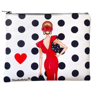 Kultur- oder Federm&auml;ppchen Granada Flamenca "Manuela Rojo" &ndash; Beidseitiges Design &ndash; Wei&szlig;er Hintergrund mit schwarzen Punkten &ndash; 22 &times; 17 cm &ndash; Wasserabweisend &ndash; F&uuml;r Kosmetik Hygieneartikel Make‑up oder Schulmaterial