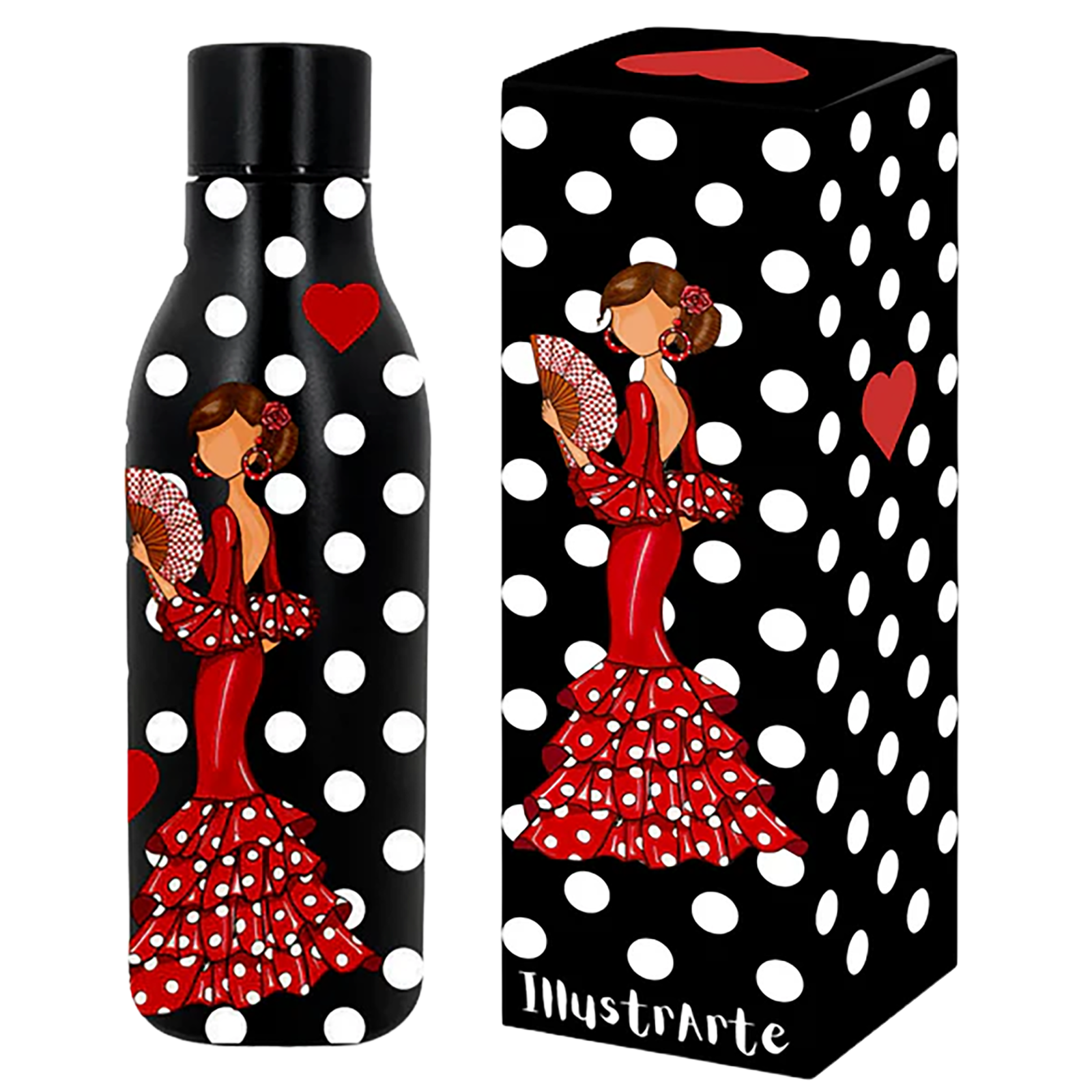 Flamenco Trinkflasche Edelstahl 500 ml "Pepa" - schwarze Flasche mit weißen Punkten