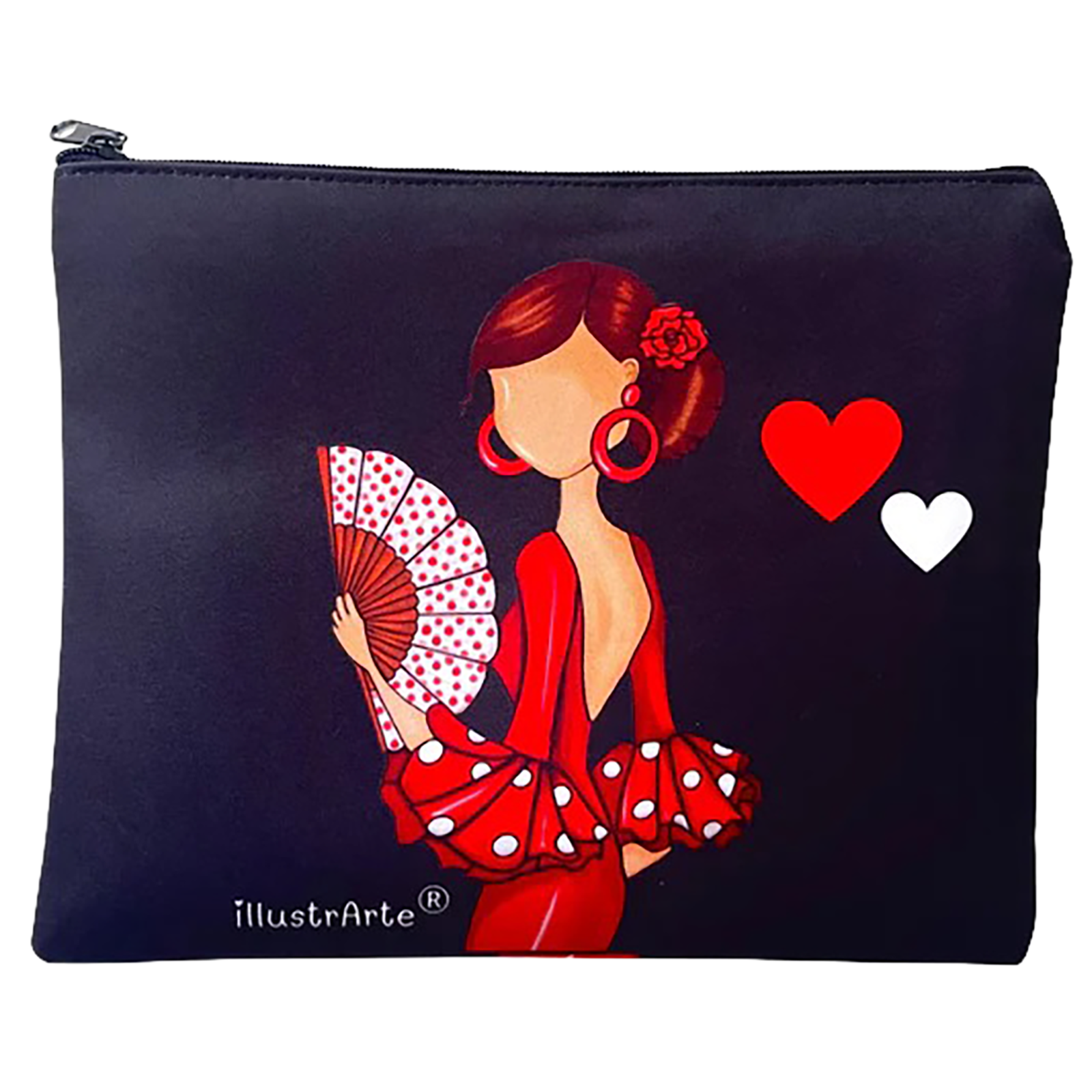 Kultur- oder Federmäppchen Granada Flamenca "Pepa" – Beidseitiges Design – Schwarzer Hintergrund mit Herzen – 22 × 17 cm – Wasserabweisend – Für Kosmetik Hygieneartikel Make‑up oder Schulmaterial