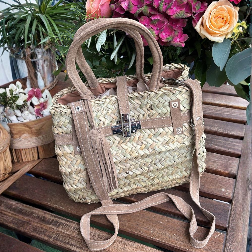 Palmkorb kleine Tasche Birkin Stil aus Palma und Wildleder – Braun