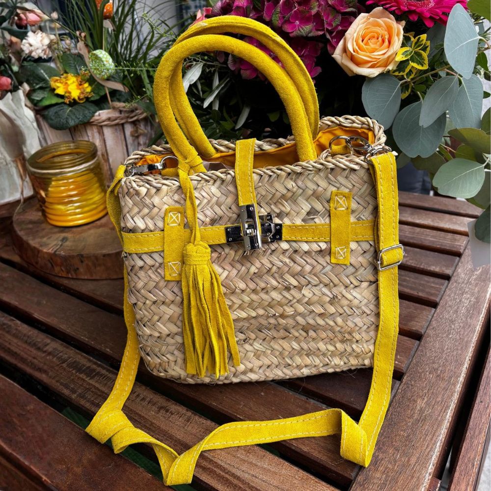 Palmkorb kleine Tasche Birkin Stil aus Palma und Wildleder – Gelb