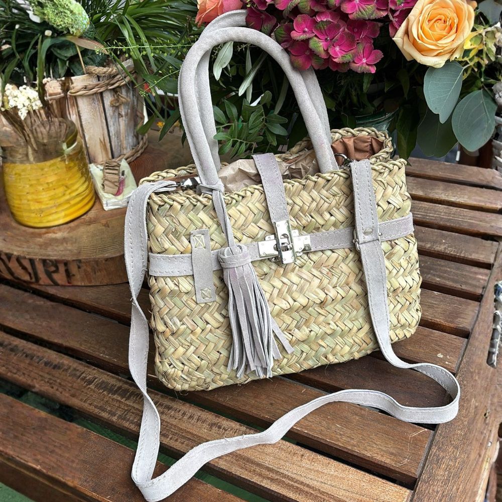 Palmkorb kleine Tasche Birkin Stil aus Palma und Wildleder – Beige