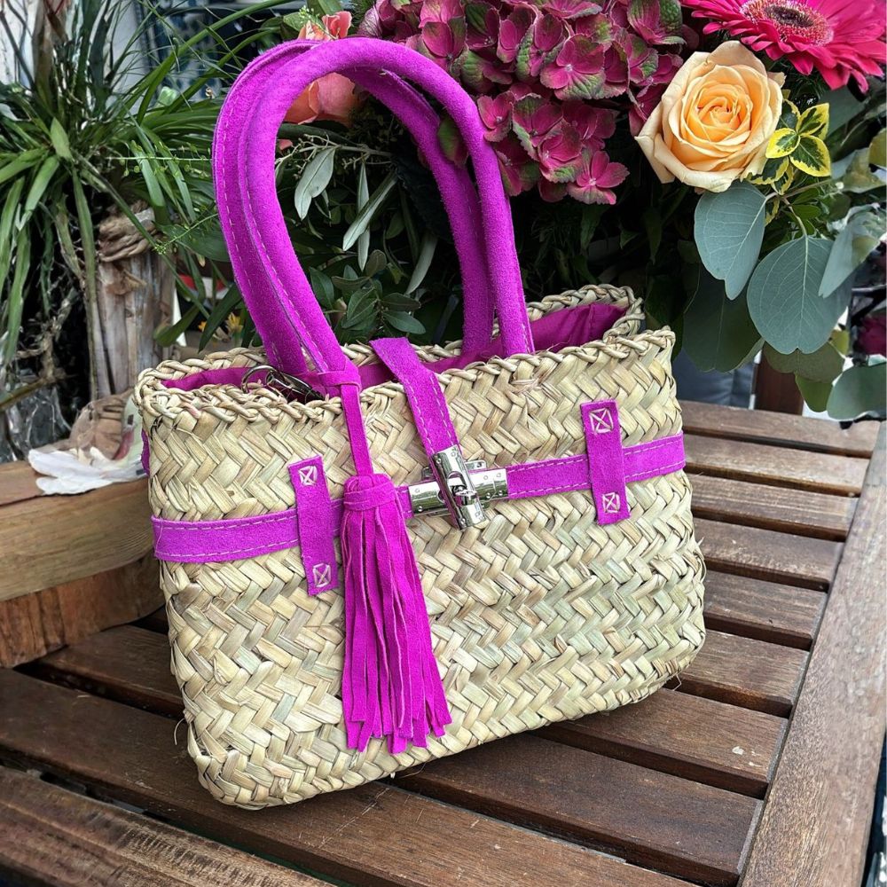 Palmkorb kleine Tasche Birkin Stil aus Palma und Wildleder – Fuchsia