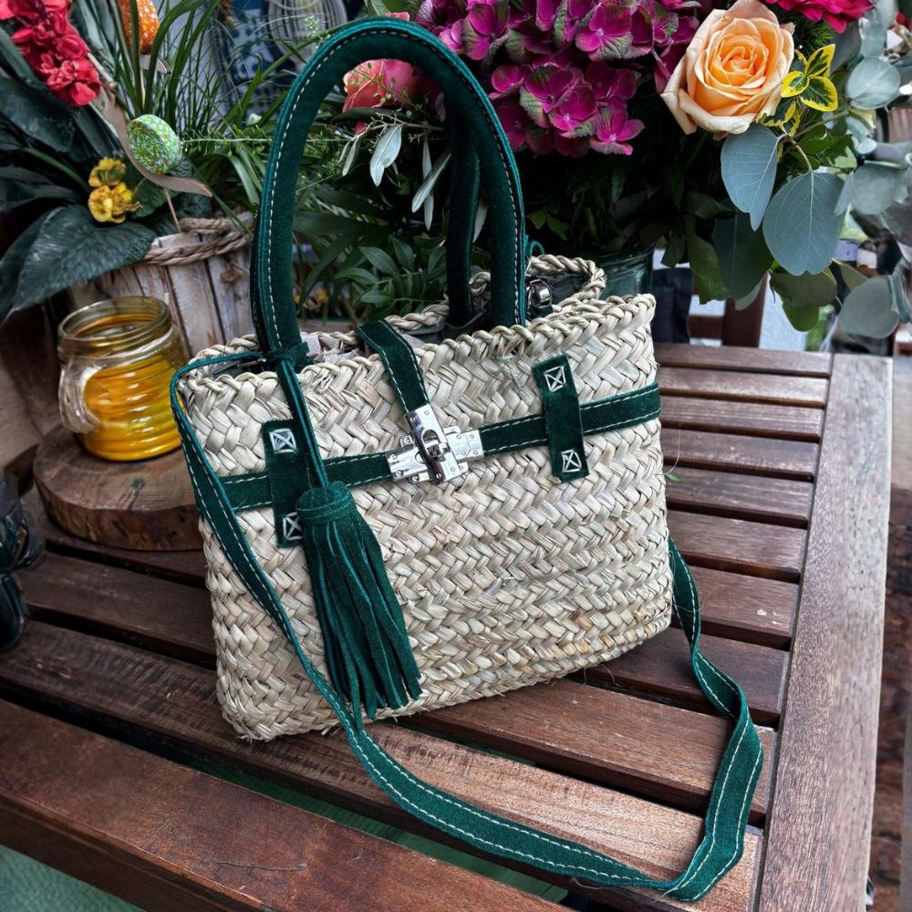 Palmkorb kleine Tasche Birkin Stil aus Palma und Wildleder – Grün
