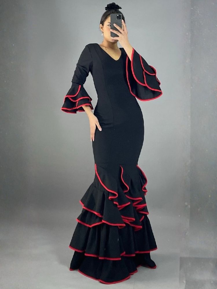Flamenco Kleid Schwarz mit rotem Rand