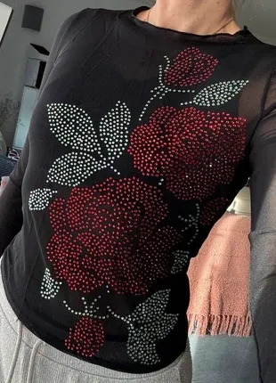Shirt Schwarz Rosen Strass
